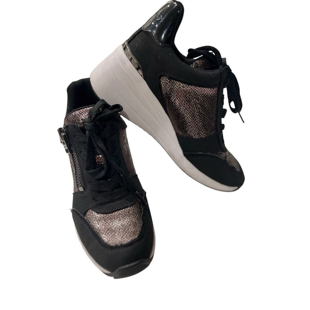 DKNY Women's Kalina Lace-Up Side Zipper Wedge Sneaker Shoes Pewter Black Size 7